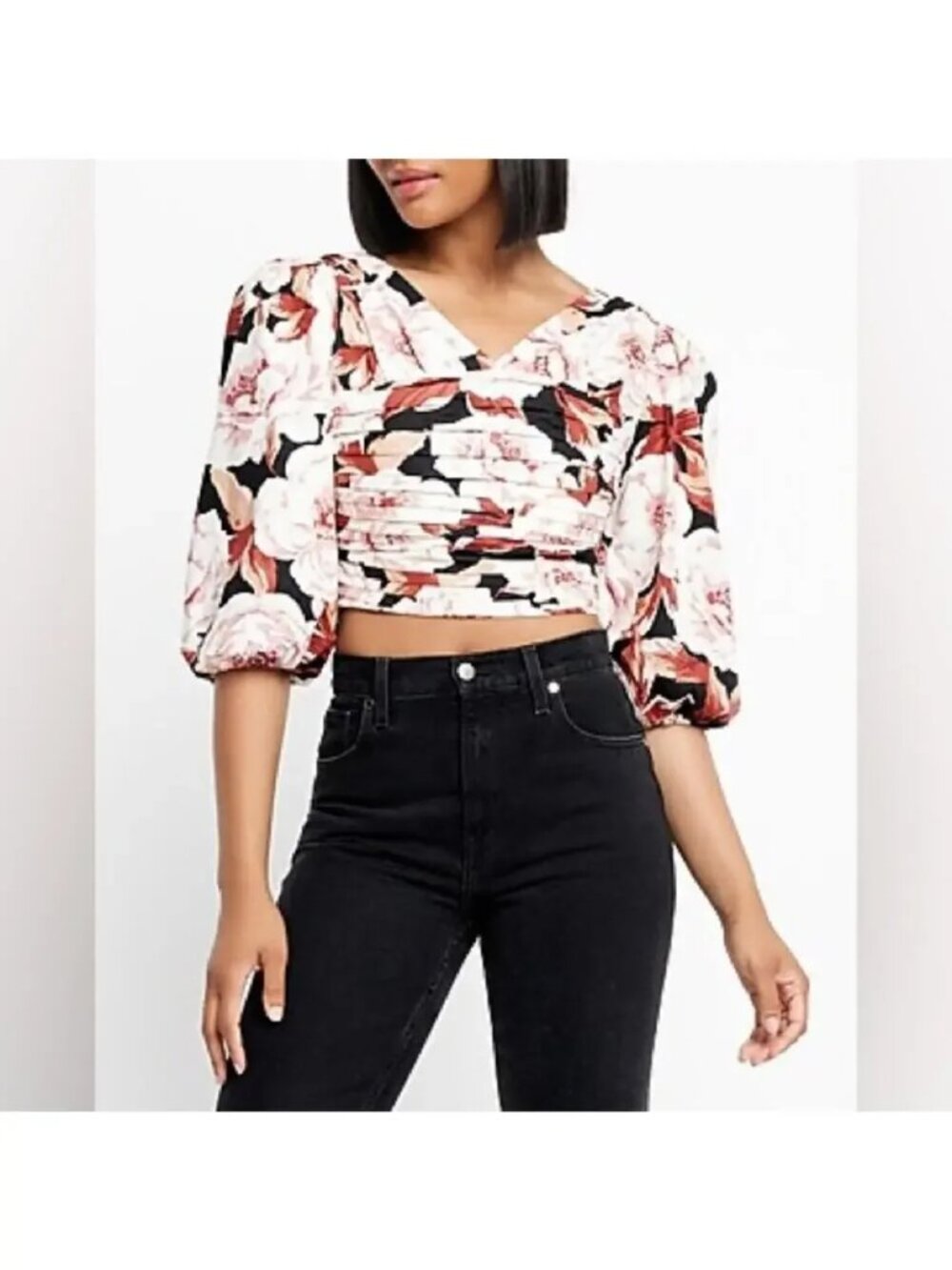 Express • Floral Print Linen Blend Ruched Cropped Top New with Tags, Size XS
